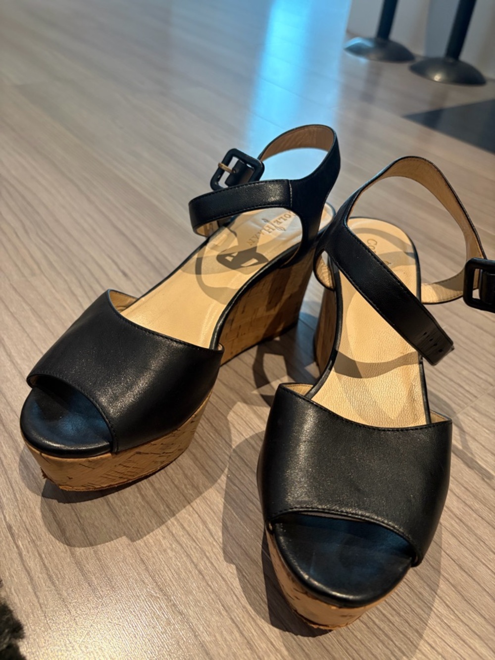 Cole Haan Black Leather Cork Platform Wedge Sandals size 5.5